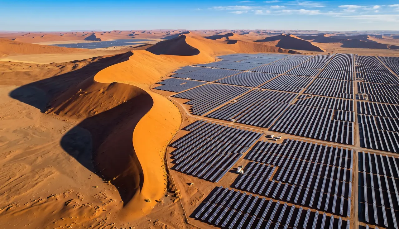 Aerial view of solar panel rows laid out between orange sand dunes