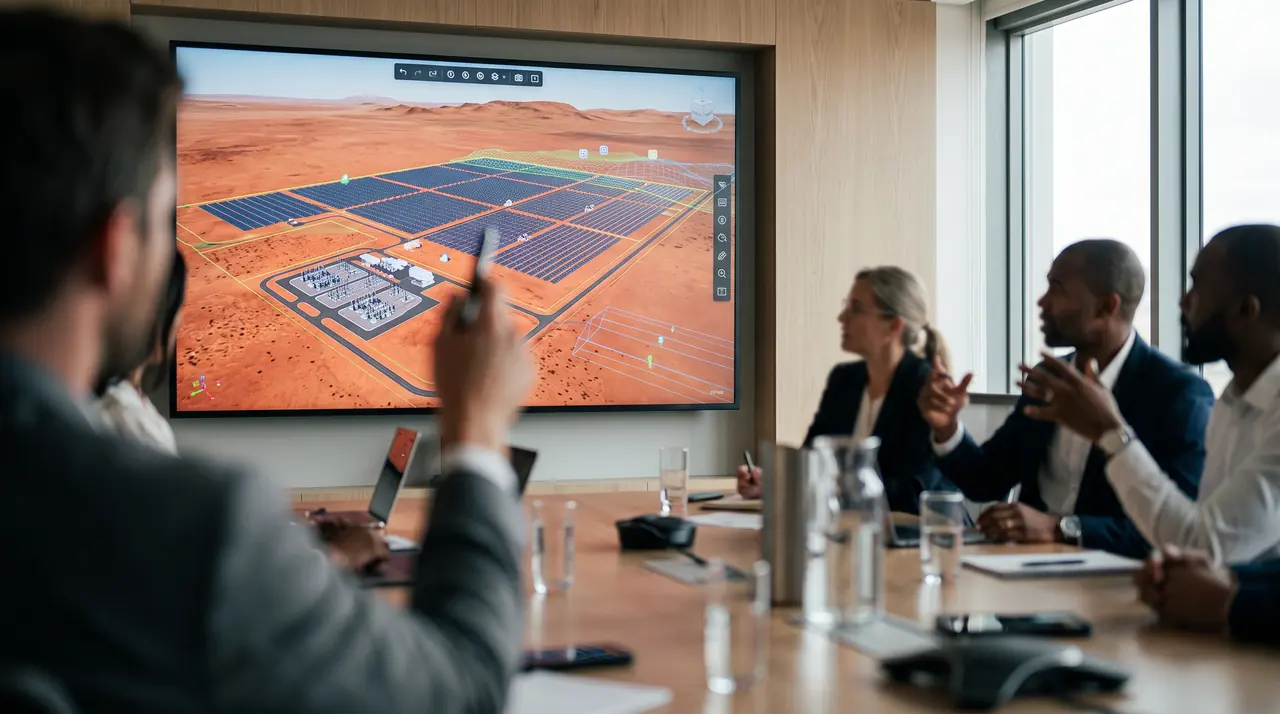 Team in a boardroom reviewing a 3D layout of a desert solar farm and battery site on a large wall screen