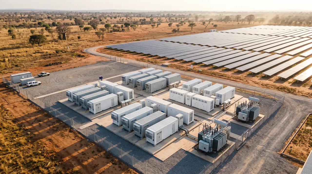 Aerial view of a battery energy storage site with rows of white containers and transformers beside a solar farm in the savanna