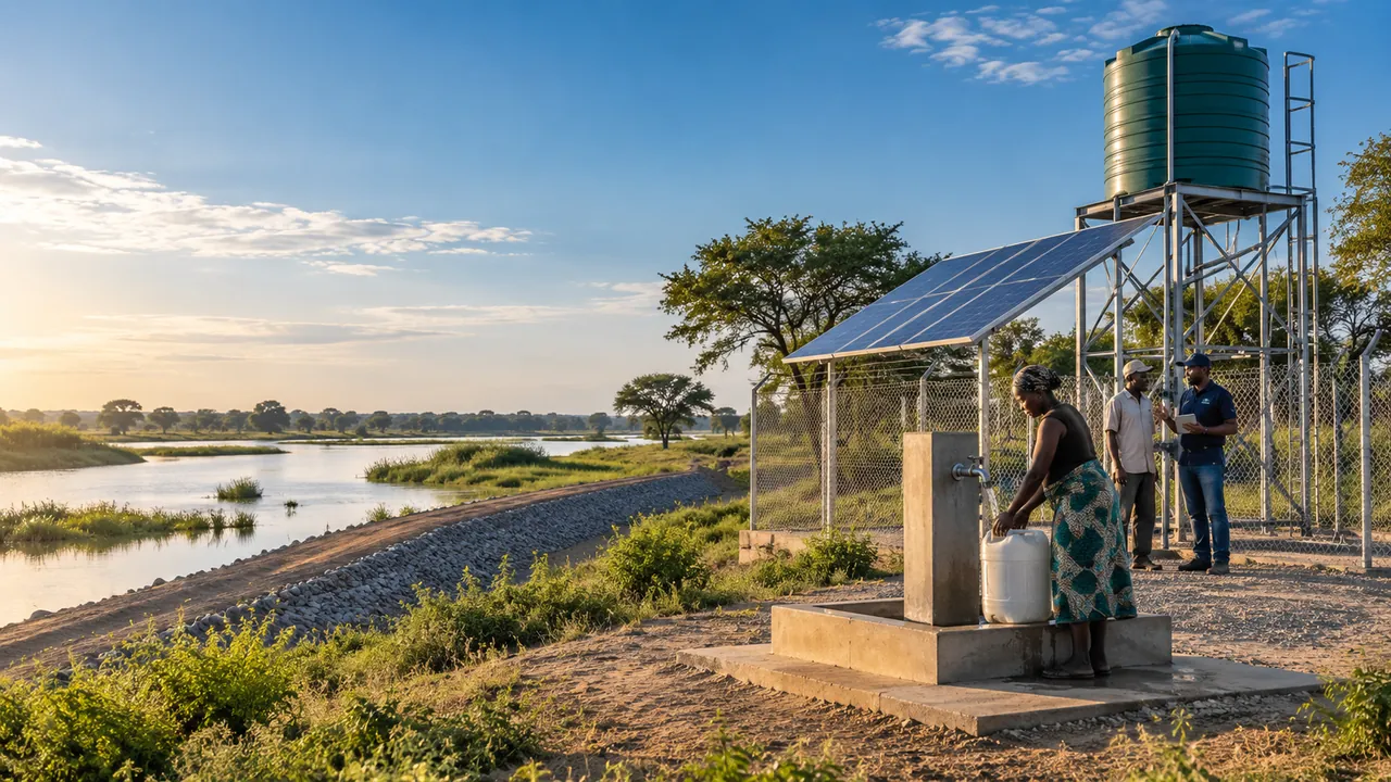 A woman fills a water container at a solar-powered borehole beside a river, with a raised water tank and two people talking behind her